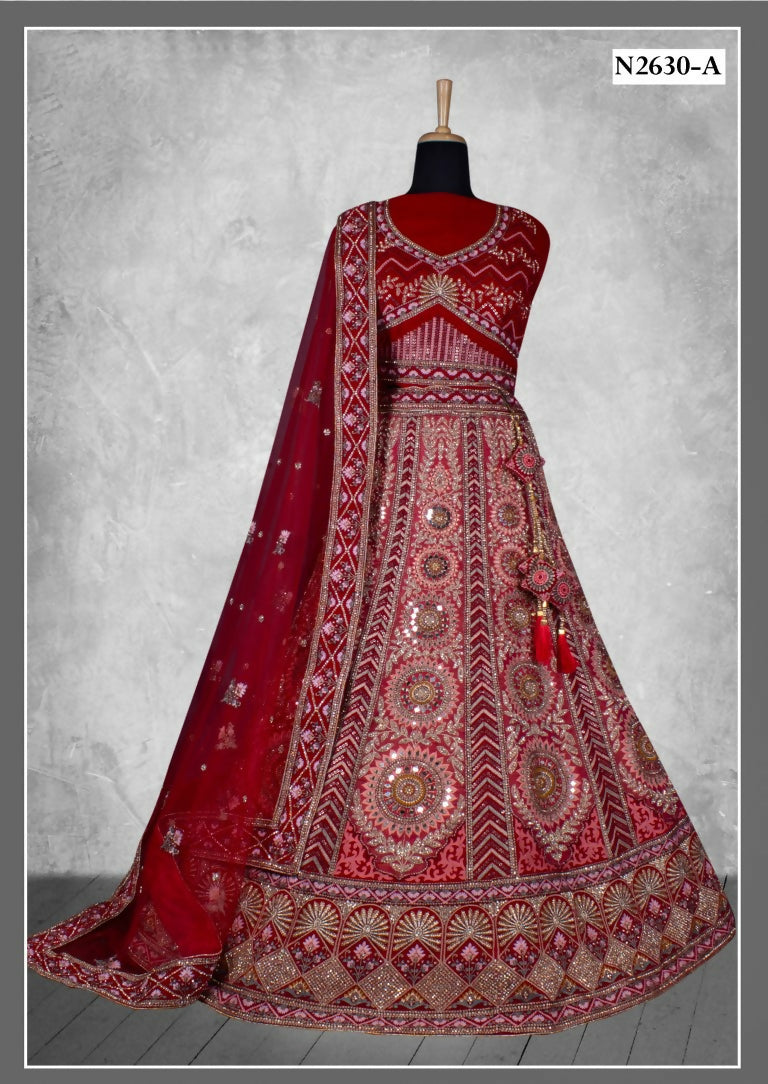 Red Velvet Zardosi Work With Pure Mirror Work Lehenga Choli - Nimaya Tyohar