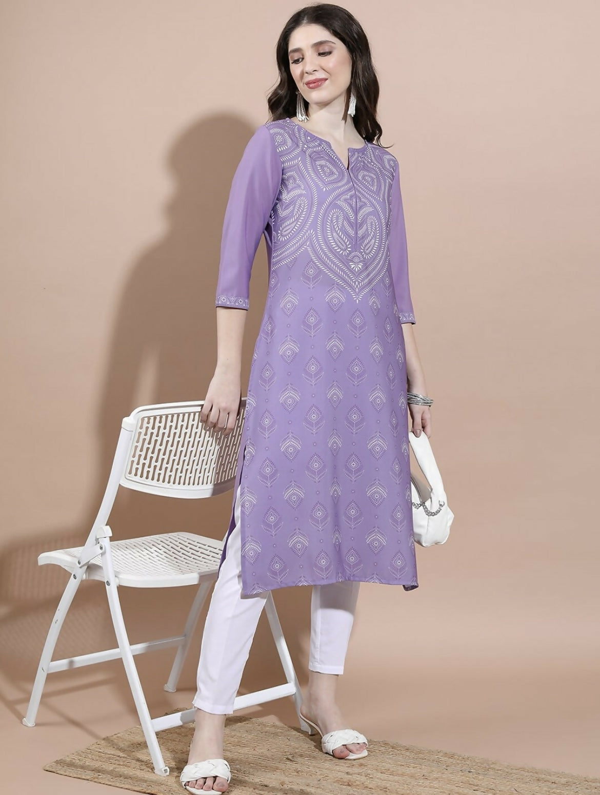 Cheera Women Stylish Hand Block Printed Cotton Blend Flared Kurta - Purpale