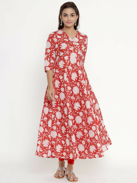 Miravan Women's Cotton Floral Printed Anarkali Kurta