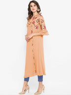 Janasya Peach-Coloured & Green Floral Printed Bell Sleeves Kurta - Distacart