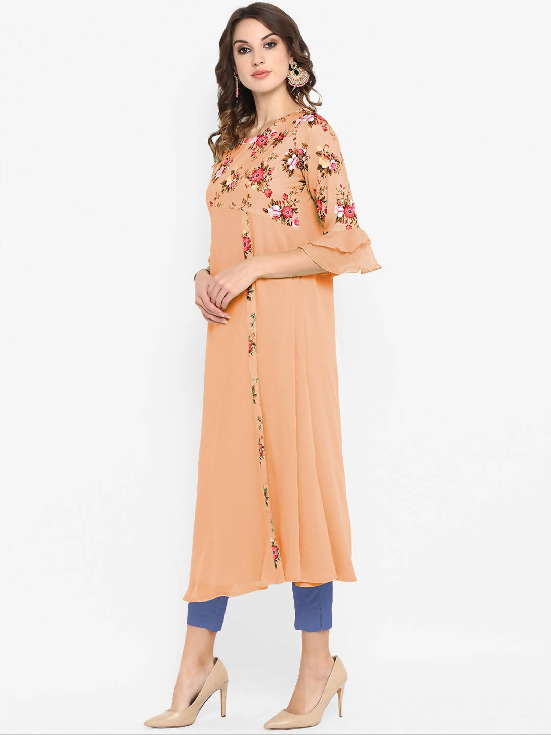 Janasya Peach-Coloured & Green Floral Printed Bell Sleeves Kurta - Distacart