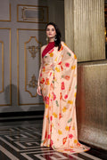 Vastranavya Cream Satin Silk Printed Saree with Hotfix Work Unstitched Blouse