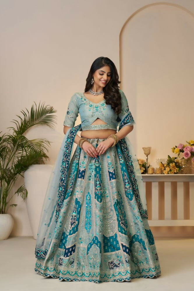 Kesar Fab Sky-Blue Banarasi Silk Embroidered Lehenga