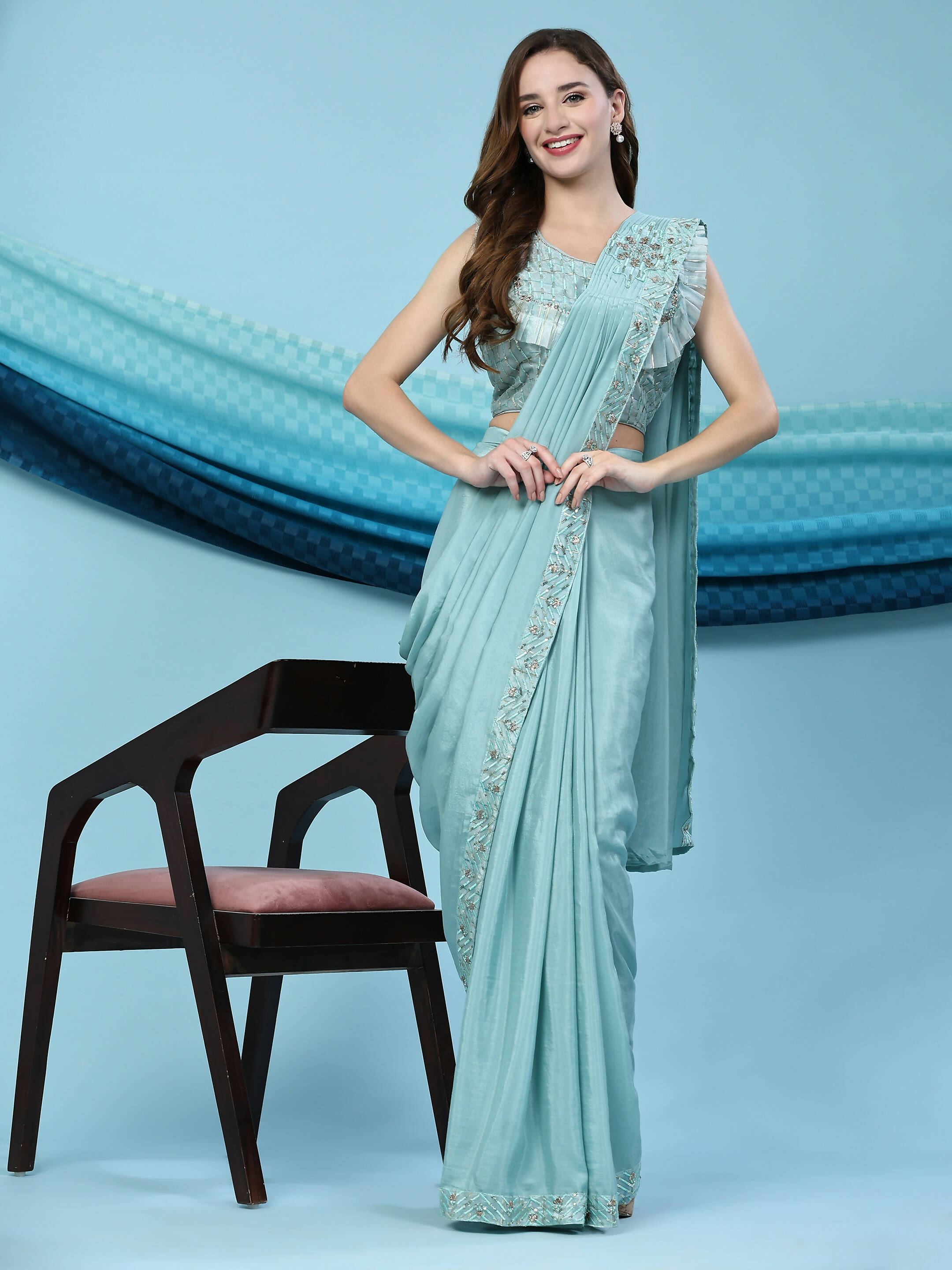 Sky Blue Silk Satin Solid Ready to wear Saree with stitched Blouse - Satiksha