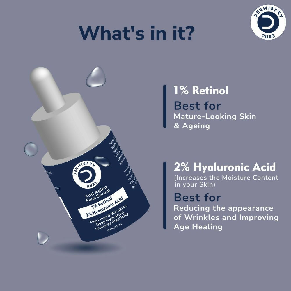 Dermistry Pure 1% Retinol 2% Hyaluronic Acid Anti Aging Moisturizer Face Serum Fine Lines & Wrinkles