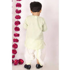 Little Bansi Boys Green and Cream Color Golden Striped Kurta and Dhoti