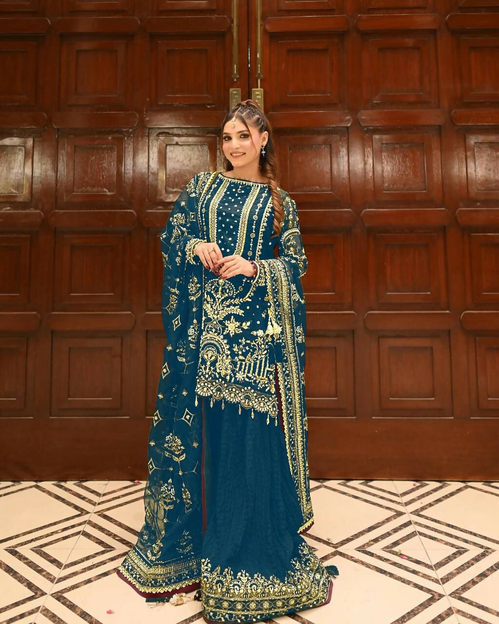 Teeya Creation Teal Faux georgette Designer heavy work Wedding Wear Palazzo pair - Distacart