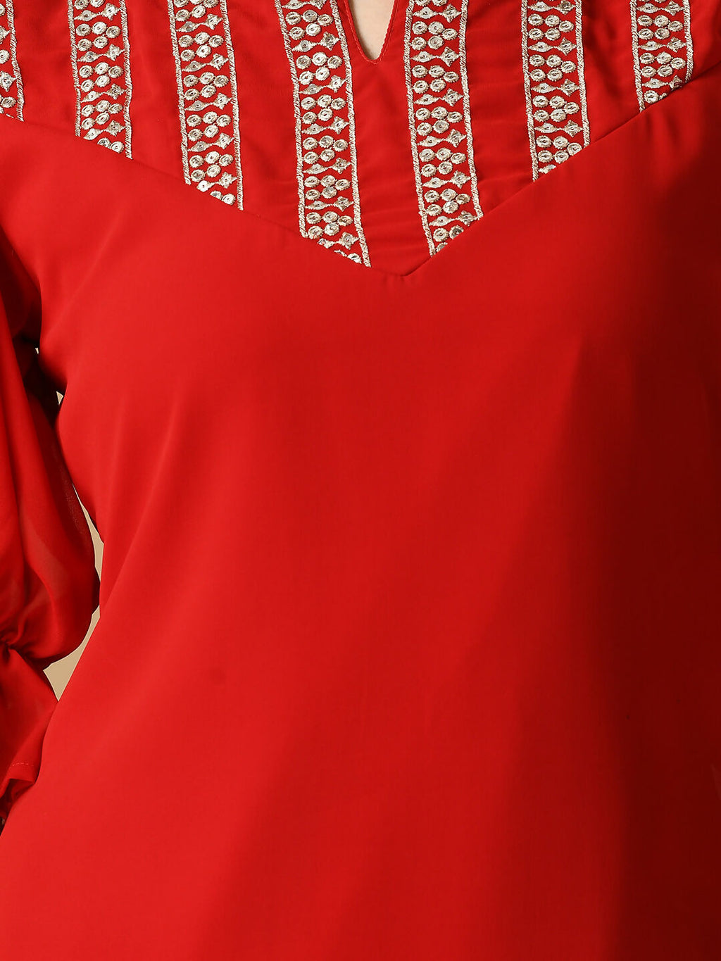 Myshka Women's Red Georgette Kurta & Trousers With Dupatta Party Sets