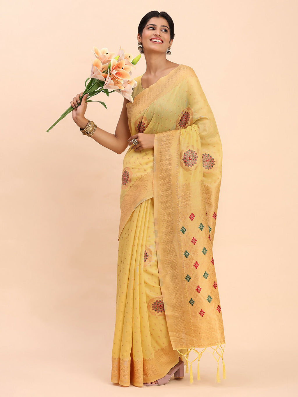 Shree Shyam Fashion Linen Cotton Yellow Saree - Distacart