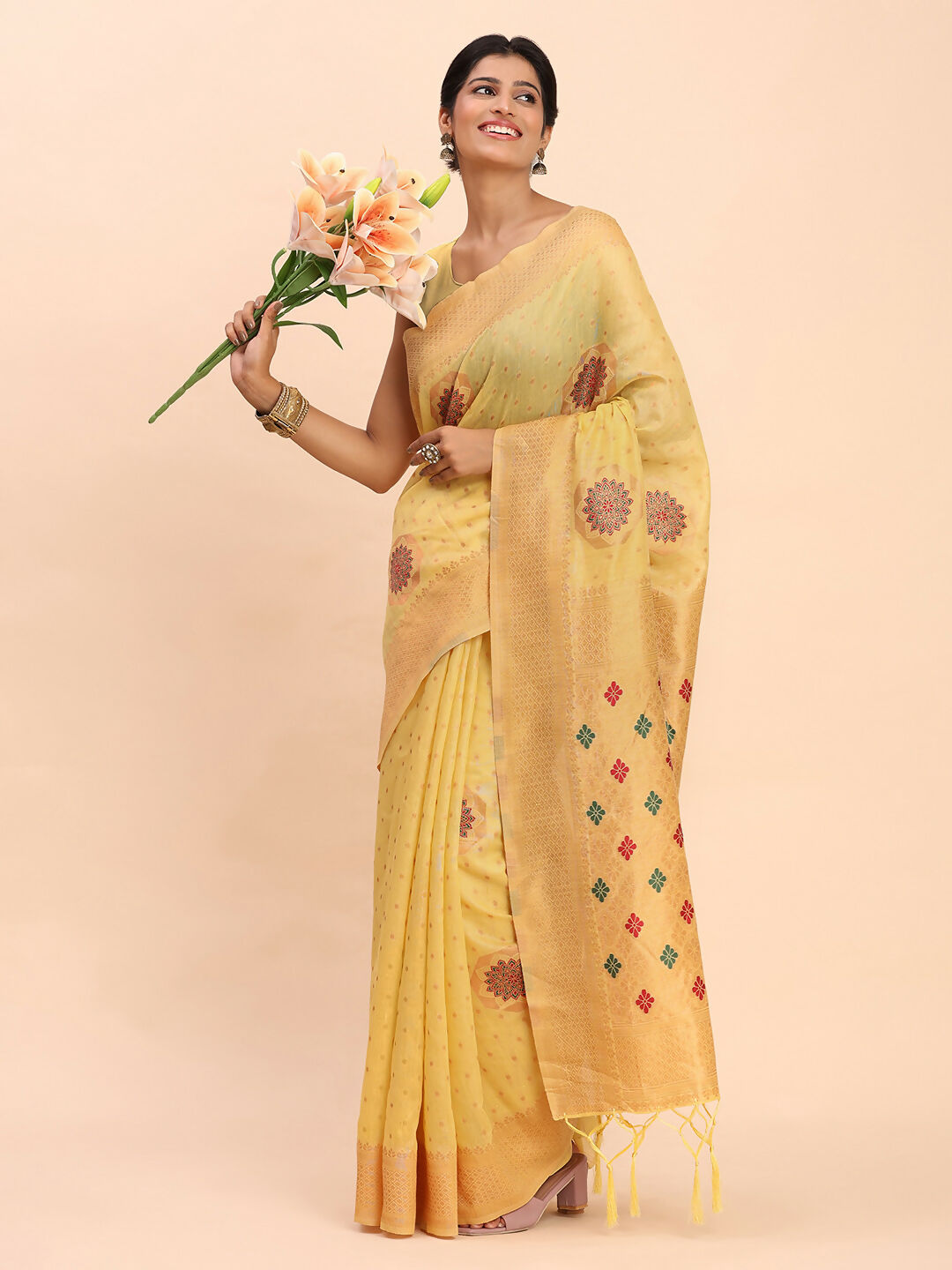 Shree Shyam Fashion Linen Cotton Yellow Saree - Distacart