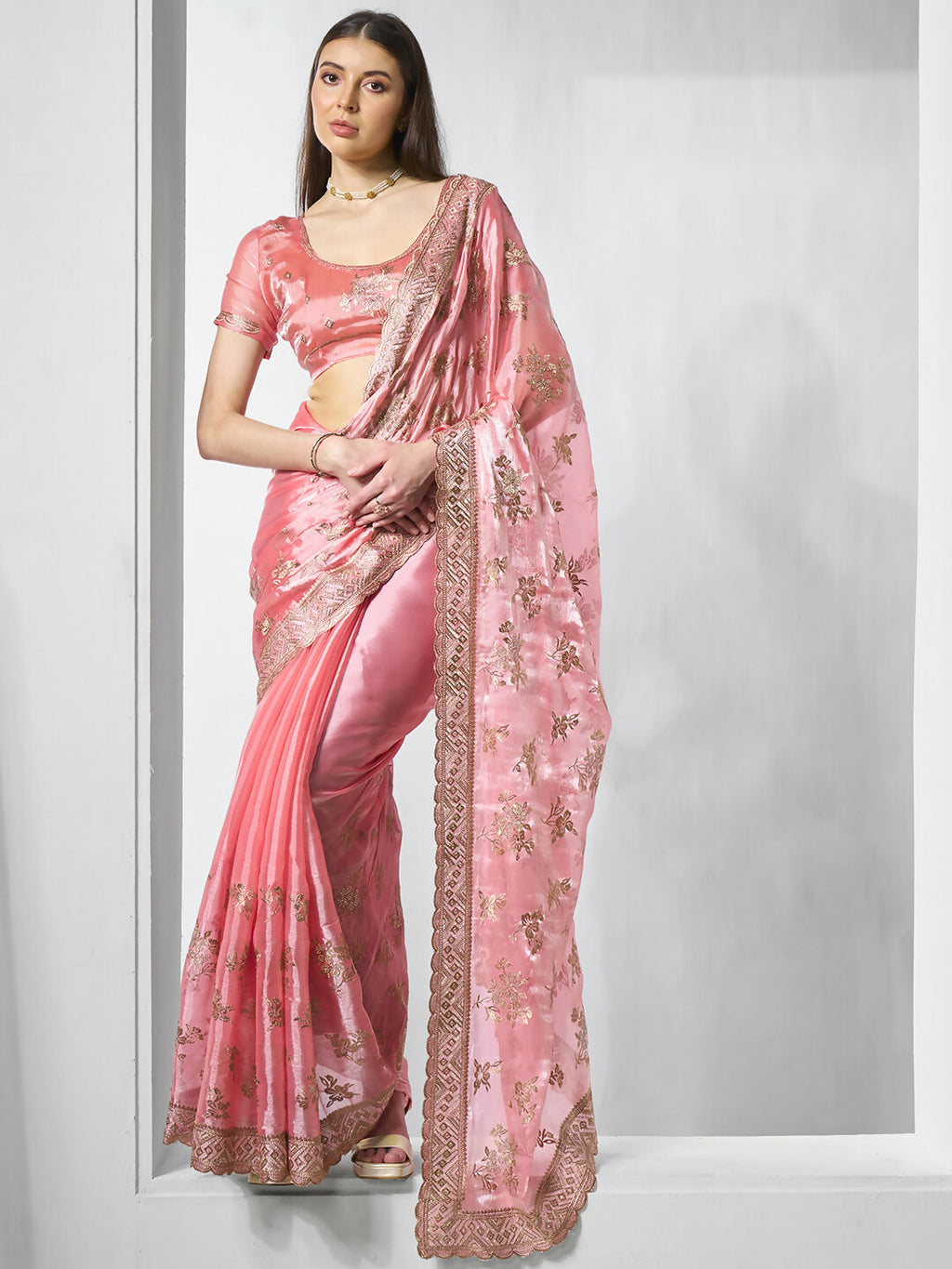 Coral Burburry silk Designer Embroidery Work Saree - Shezlin