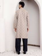Light Brown Viscose Woven Jacquard Work Men's Kurta - Mahotsav