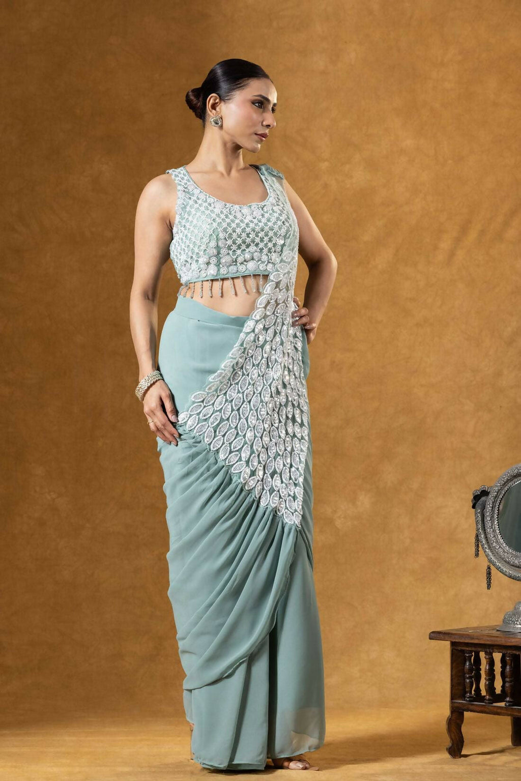 Teeya Creation Teal Color Faux Georgette Embroidery Work Party Wear Ready To Wear Saree - Distacart