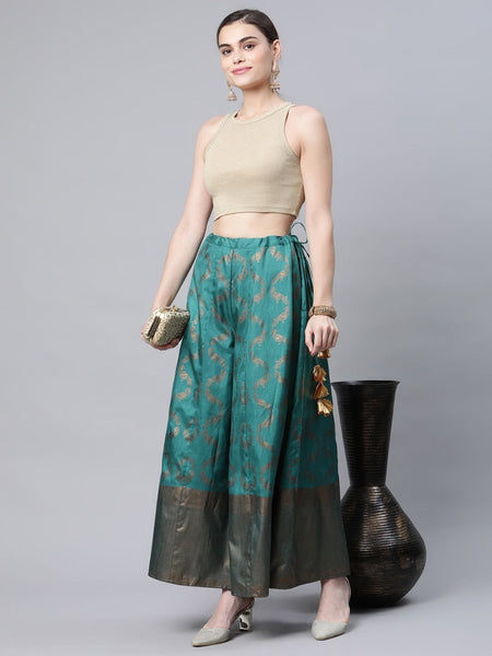 Ahalyaa Womens Green Poly Silk Gold Foil Print Free Size Palazzo
