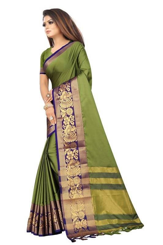 Vamika Banarasi Cotton Silk Weaving Green Saree (DOCTOR MOR GREEN)