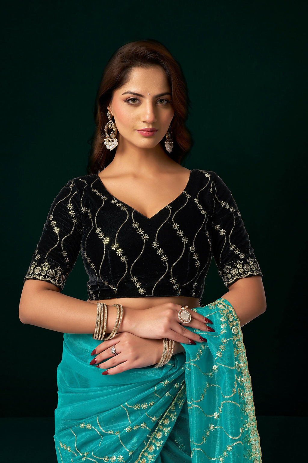 Joban Fashion Turquoise Net Party Wear Sarees - Distacart