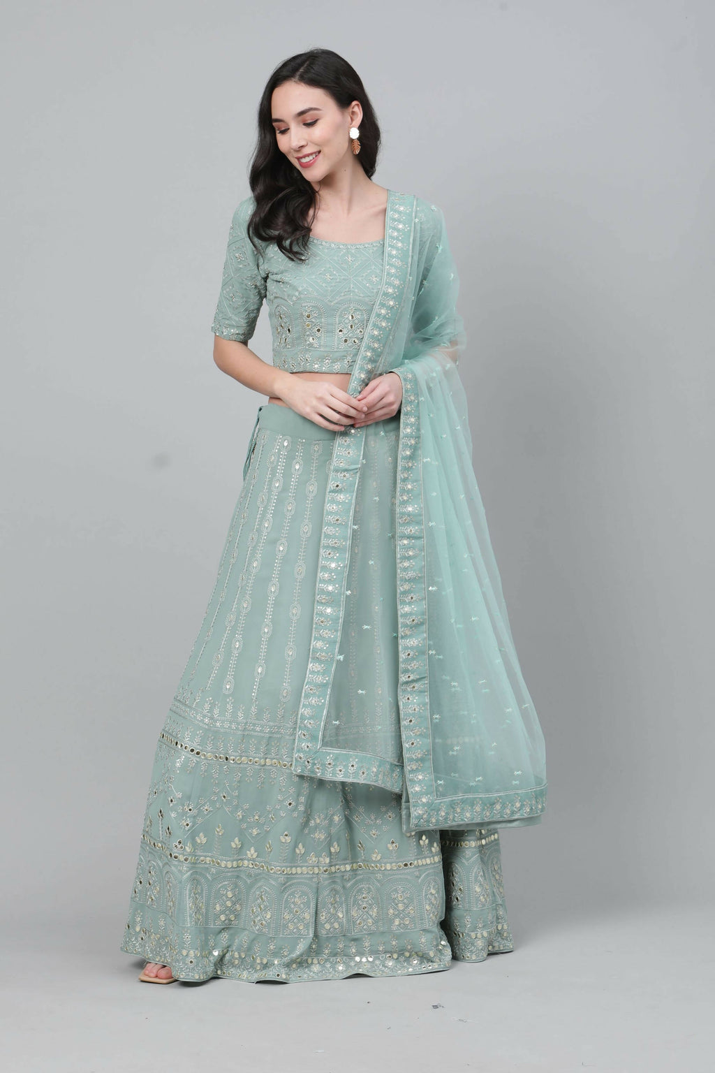 Dusty Green Georgette Sequins Embroidery with Mirror work Lehenga Choli with Dupatta - Jivika