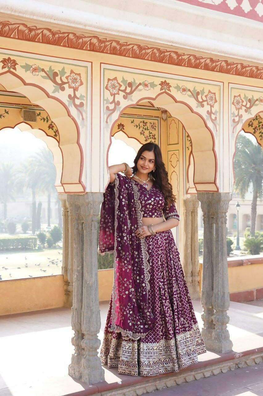 Lorenvalley Purple Pure Viscose Jacquard With Embroidered Sequins work Lehenga Choli