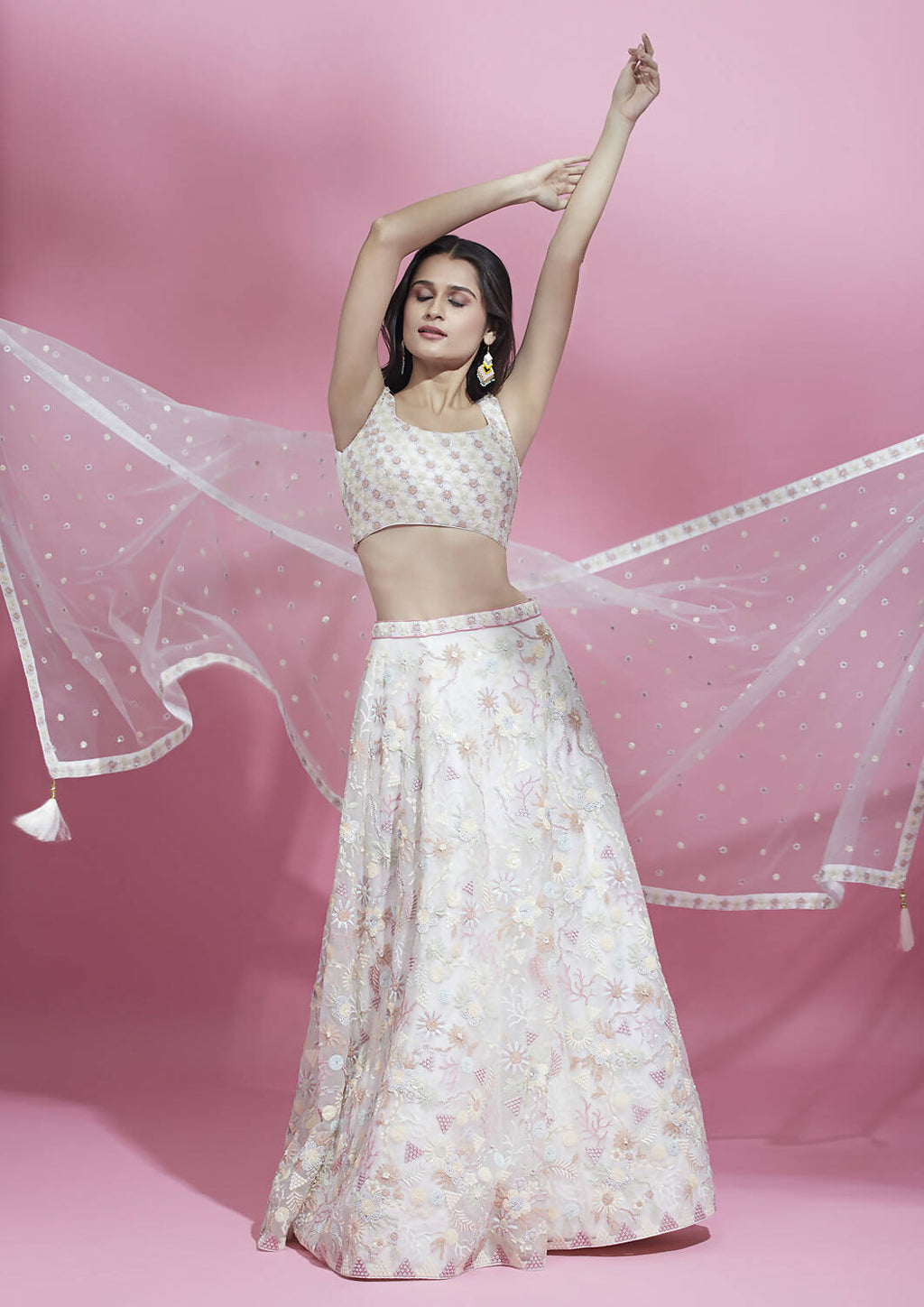 House of Panchhi Cream Net heavy Sequinse embroidery Lehenga choli & Dupatta