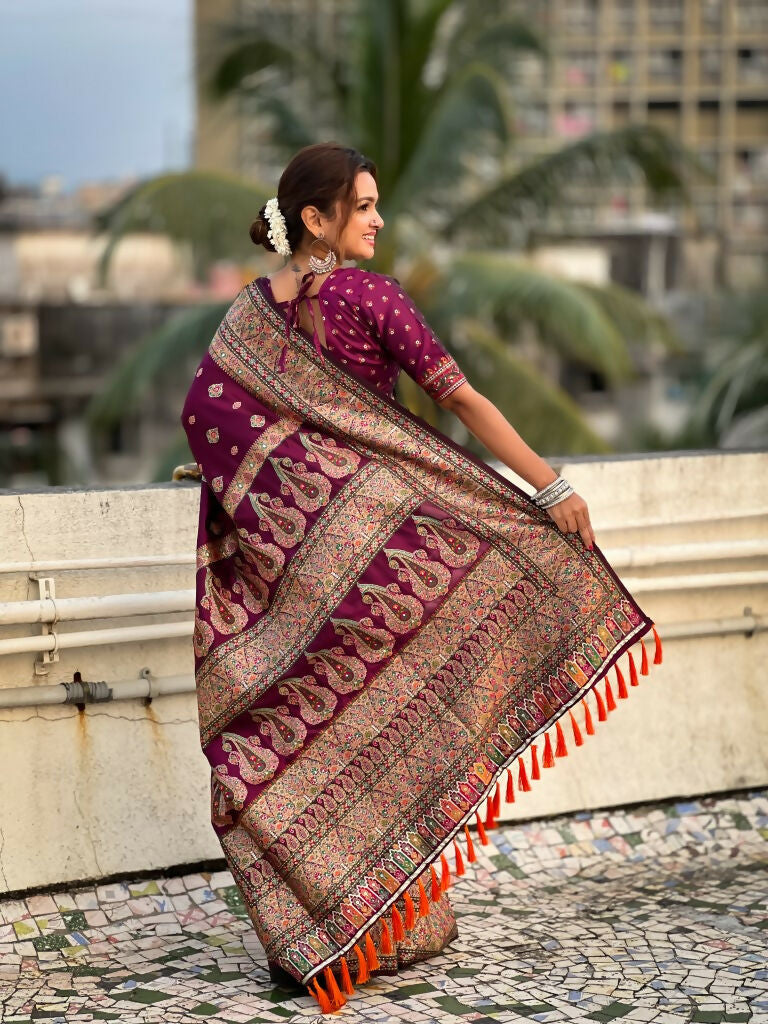 Magenta Pashmina Silk Wevon Kashmiri Meenakari Designer Saree with Unstitched Blouse - Vandini