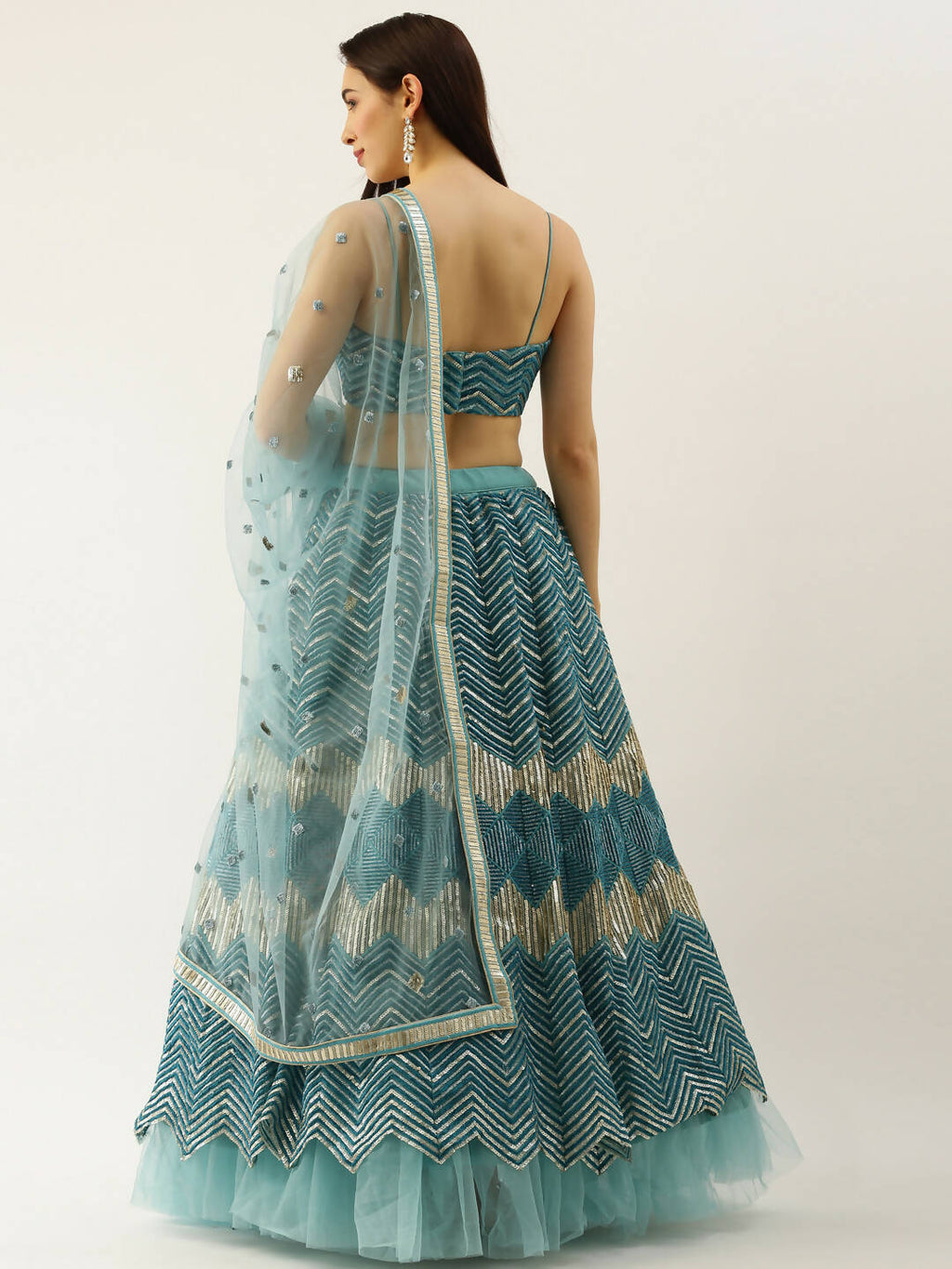 House of Panchhi Women Sea Green Net Zig-Zag Embroideried Lehenga, Blouse & Dupatta