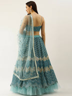 House of Panchhi Women Sea Green Net Zig-Zag Embroideried Lehenga, Blouse & Dupatta