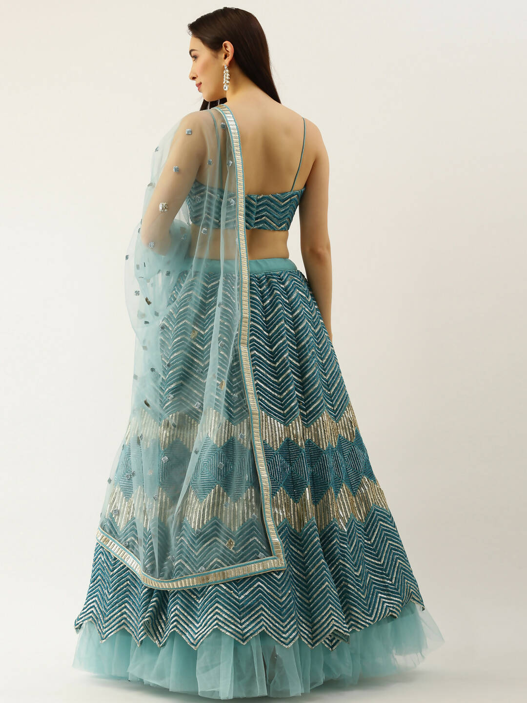 House of Panchhi Women Sea Green Net Zig-Zag Embroideried Lehenga, Blouse & Dupatta
