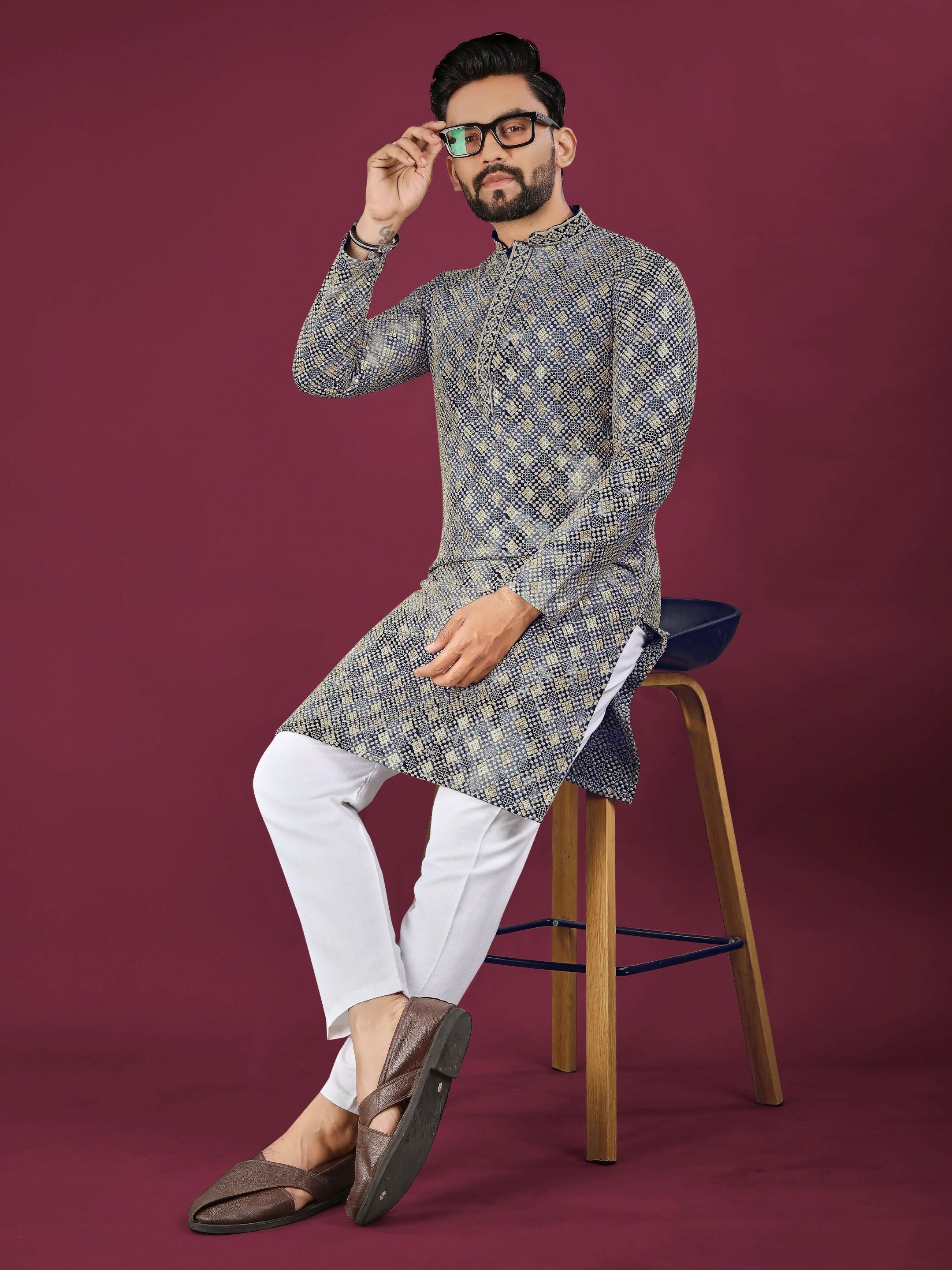 Anaita Navy Chikankari Work Viscose Rayon Straight Kurta