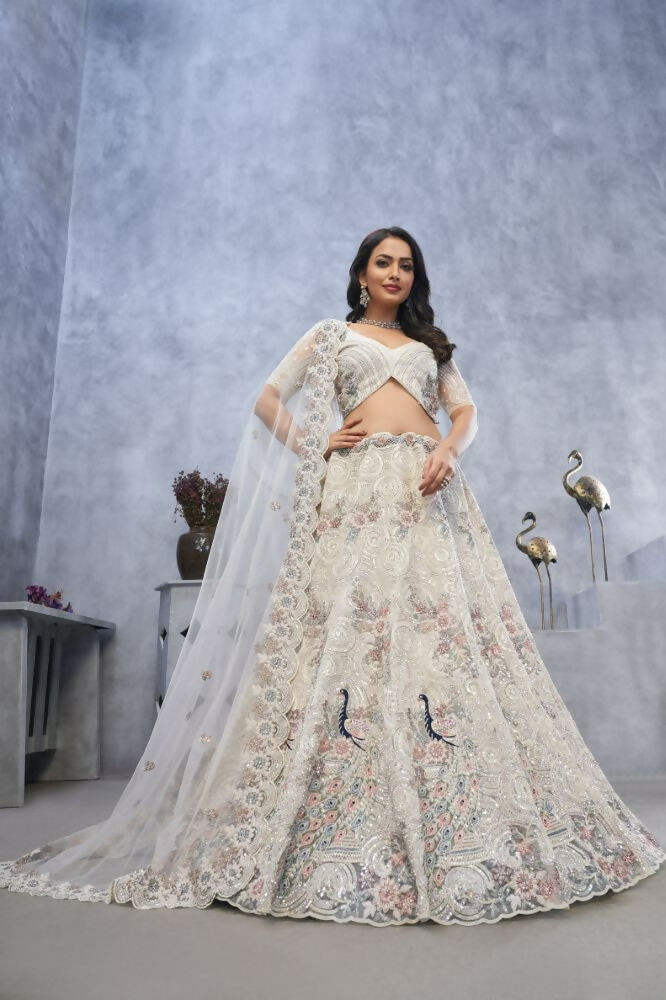 Kesar Fab Ivory Net Embroidered Lehenga