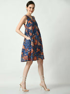 Myshka Women's Blue Floral Printed A-Line Dress - Distacart