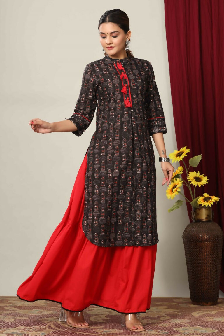 Miravan Women's Black Printed Pure Cotton Kurta With Skirt