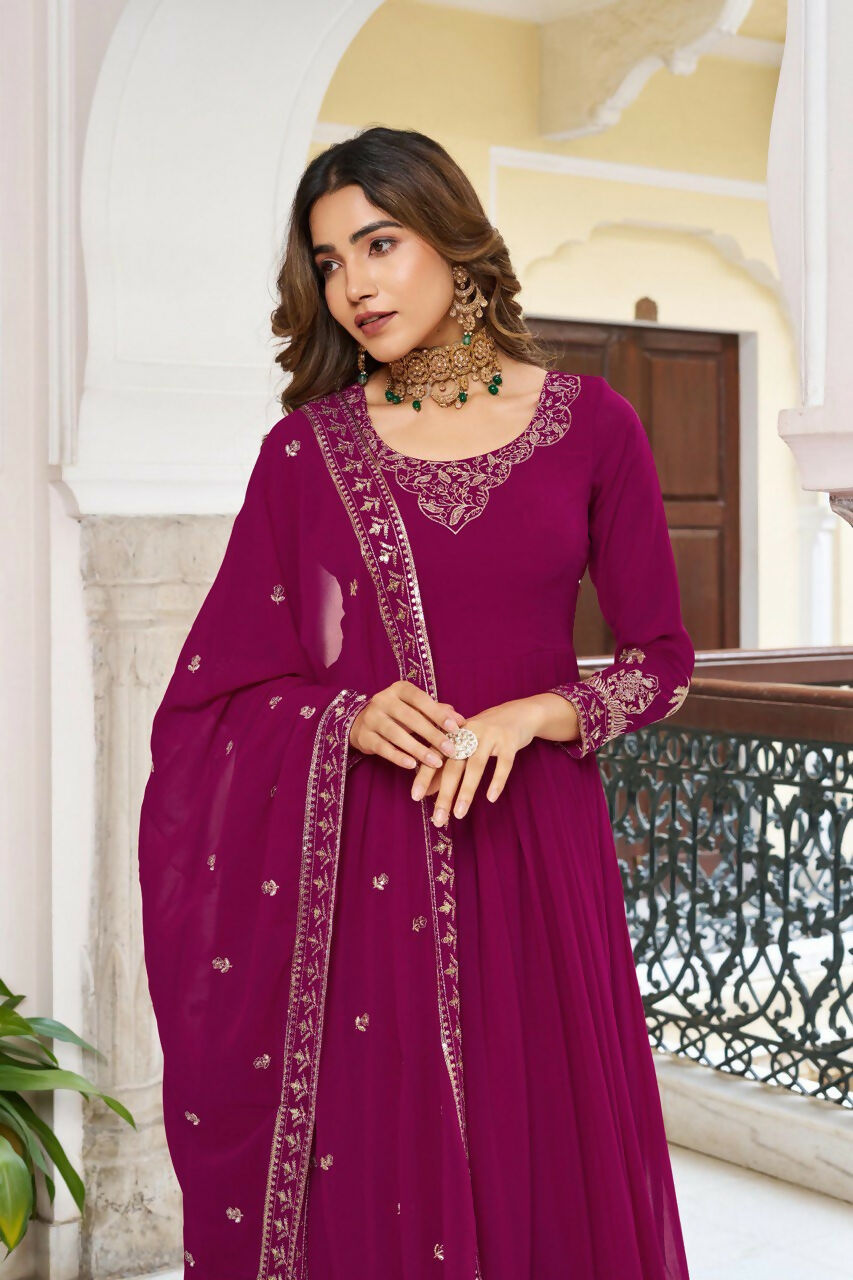 The52 Women's Gorgeous Faux Georgette Fabric Embroidery Work Flared Anarkali Pant and Dupatta Set - Distacart