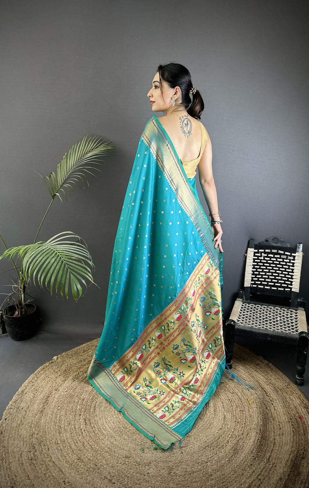 Joban Fashion Teal Butti Woven Soft Lichi Silk Paithani Saree - Distacart
