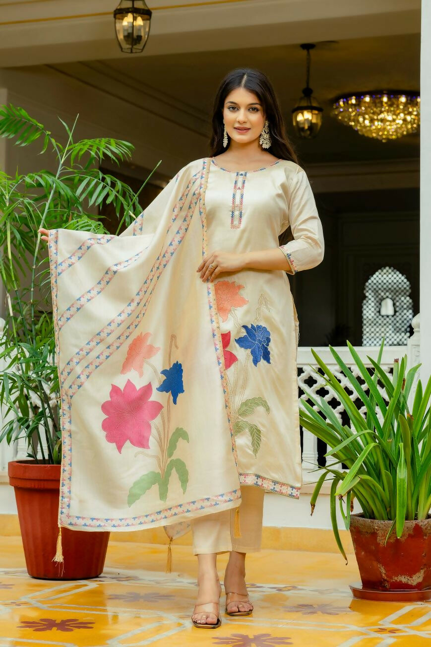 The52 Chiku Women's Beautiful Thread Work Viscose Assam Silk Fabric with Straight Kurta, Pant and Dupatta Set - Distacart