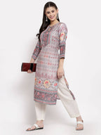 Myshka Women's Beautiful Multi Cotton Printed 3/4 Sleeve Round Neck Casual Kurta