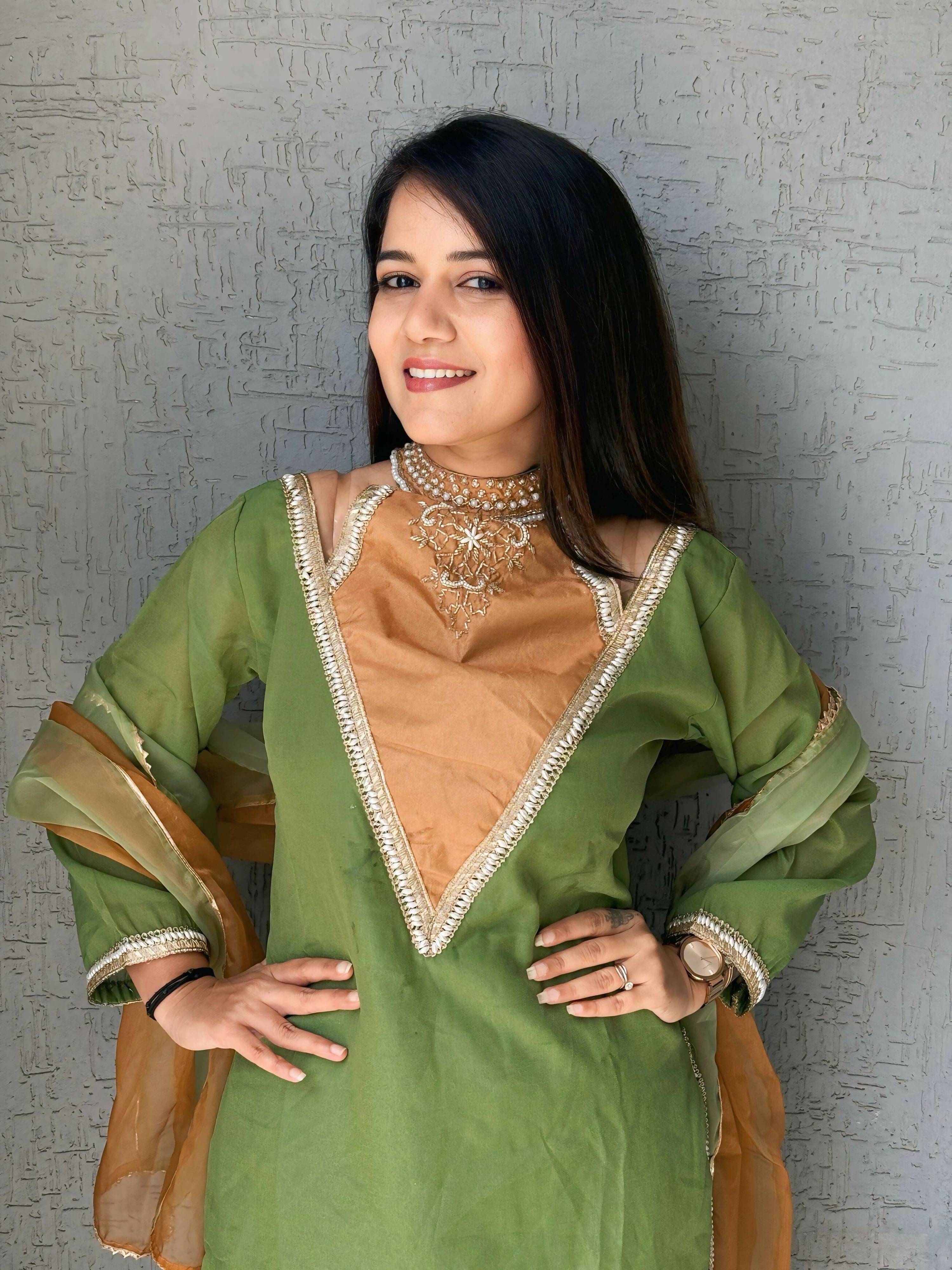 Anaita Parrot-Green Roman Shimmer Readymade Kurti Set with Designer Handwork - Distacart