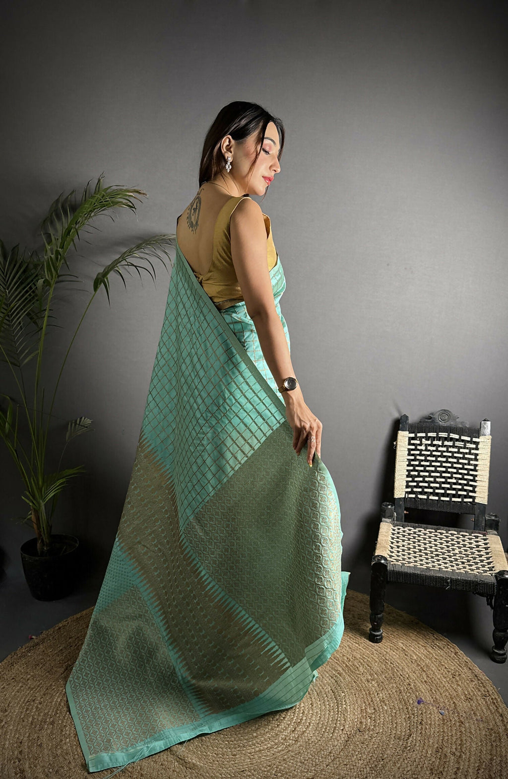 Joban Fashion Light Blue Banarasi Soft Lichi Silk Checks & Woven Saree - Distacart