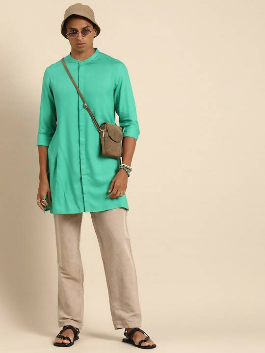 Sea Green Men Viscose rayon Solid Straight Shirt - Mahotsav