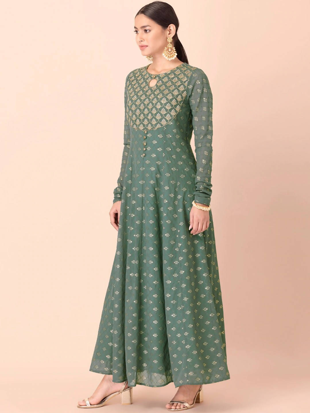Indya Green & Gold-Toned Ethnic Motifs Printed Georgette Anarkali Kurta - Distacart