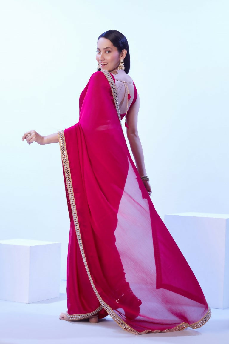 Pink Satin Chiffon Solid Designer & Lace Work Saree - Samaa