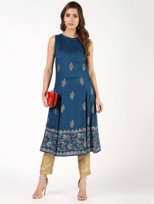 Aniyah Rayon Block Print Flared Blue Kurta (AN-149K)