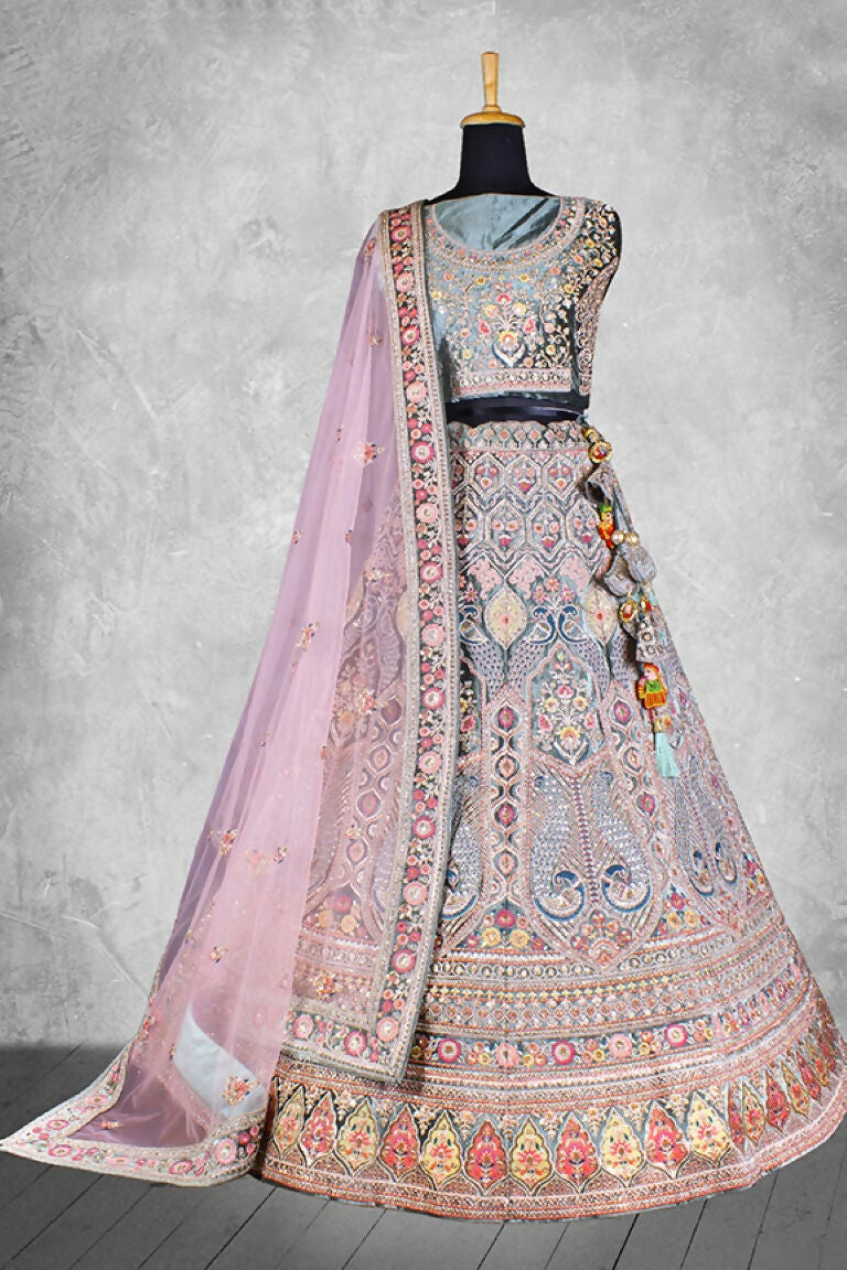 Blue & Pink Velvet Hand Work Semi Stitched Lehenga Choli with Dupatta - Nimaya Lagnotsav
