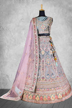 Blue & Pink Velvet Hand Work Semi Stitched Lehenga Choli with Dupatta - Nimaya Lagnotsav