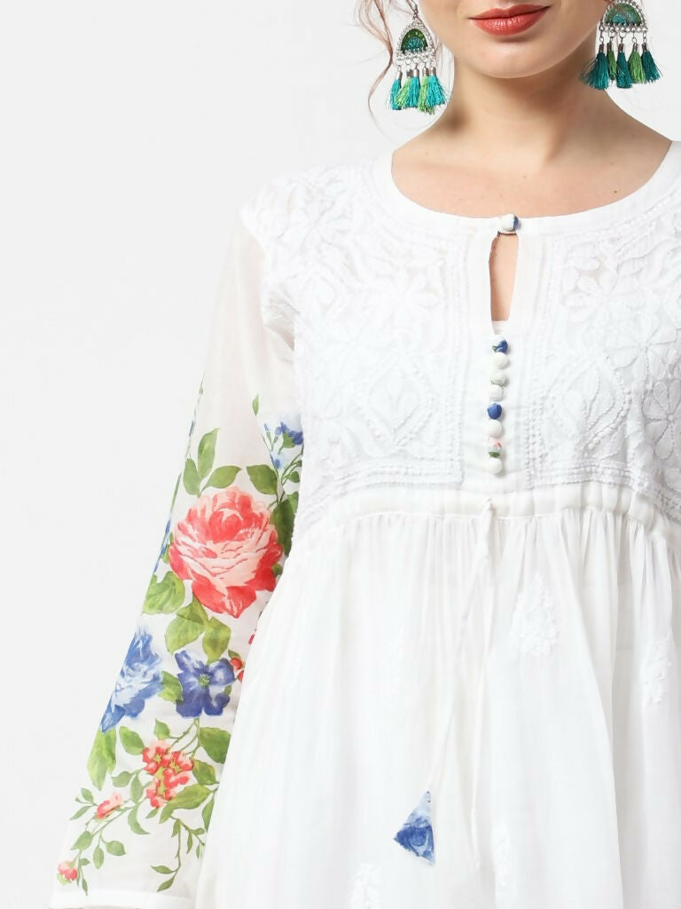 Cheera Women Stylish Hand Chikenkari And Digital Printe Cotton Organza Flared Anarkali Kurta - White