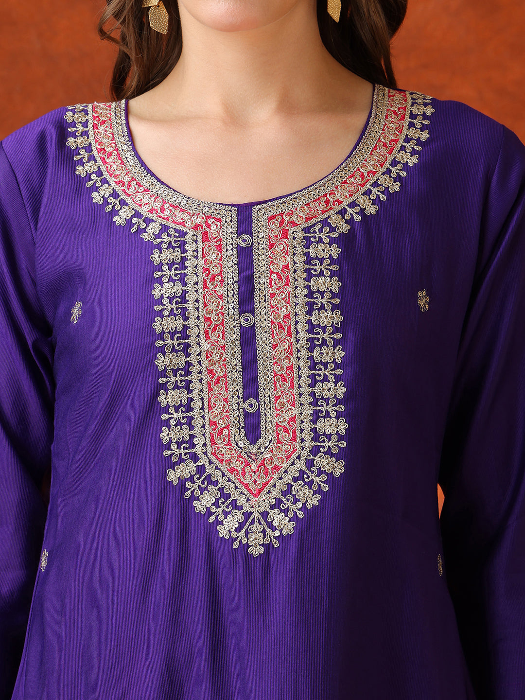Sequin & Thread Embroidered Kurta With Pant & Embroidered Dupatta, Purple - Hiral Fashion - Distacart
