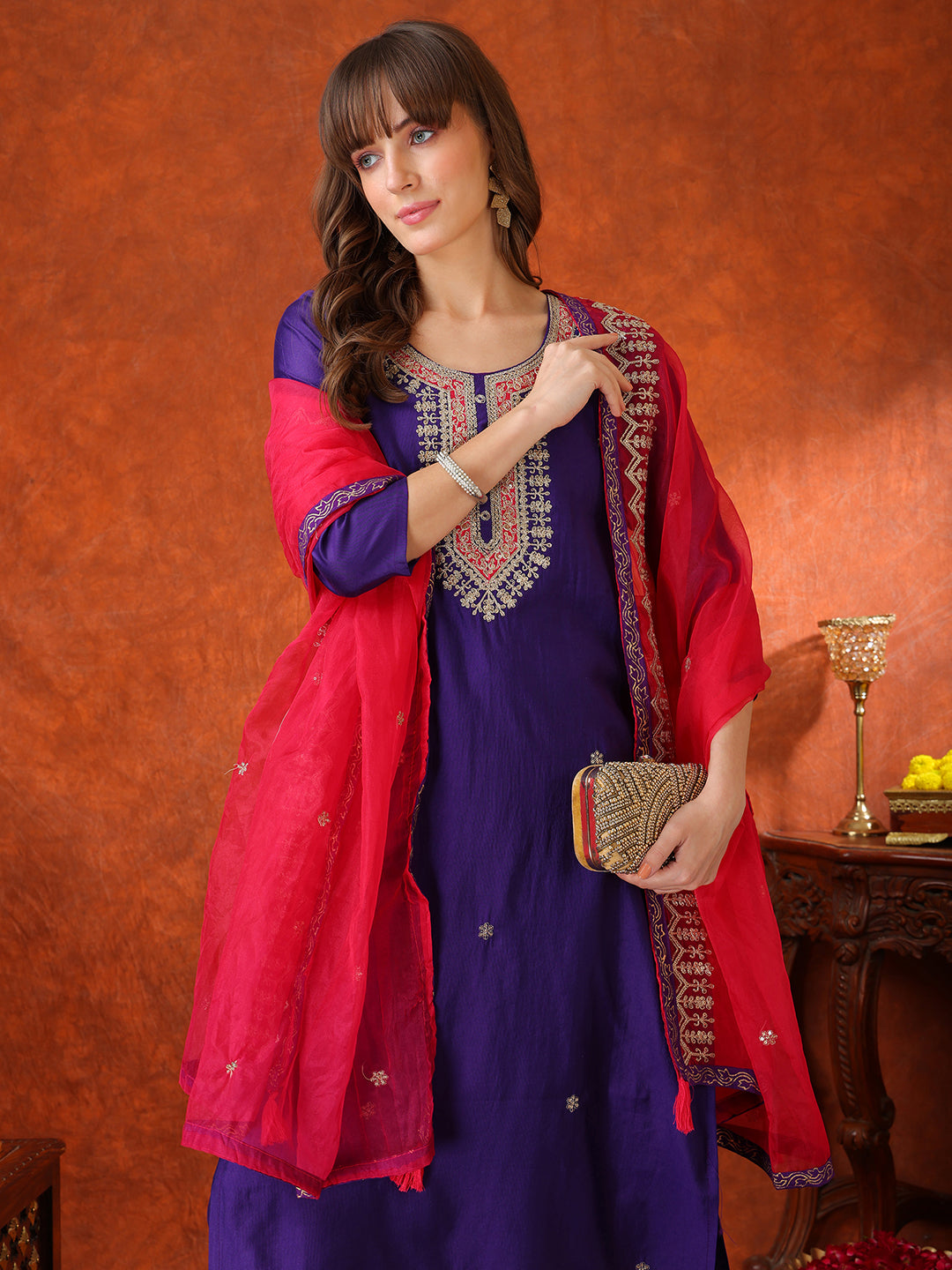 Sequin & Thread Embroidered Kurta With Pant & Embroidered Dupatta, Purple - Hiral Fashion - Distacart