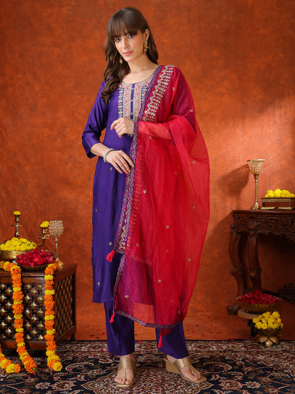 Sequin & Thread Embroidered Kurta With Pant & Embroidered Dupatta, Purple - Hiral Fashion - Distacart