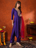 Sequin & Thread Embroidered Kurta With Pant & Embroidered Dupatta, Purple - Hiral Fashion - Distacart