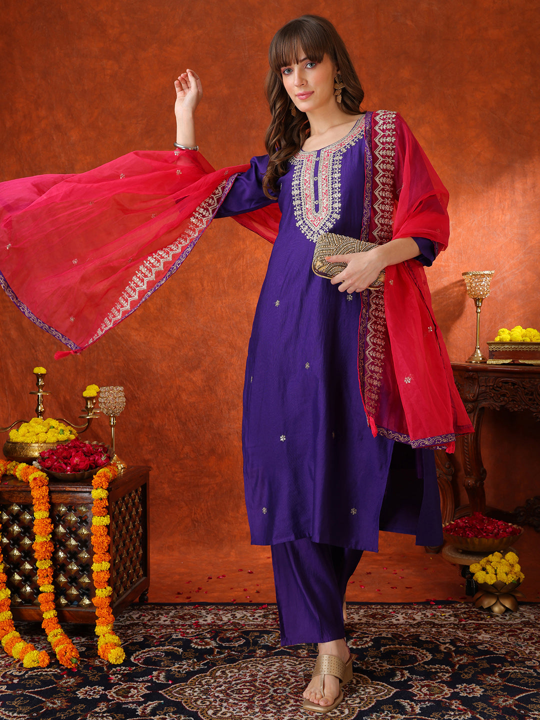 Sequin & Thread Embroidered Kurta With Pant & Embroidered Dupatta, Purple - Hiral Fashion - Distacart