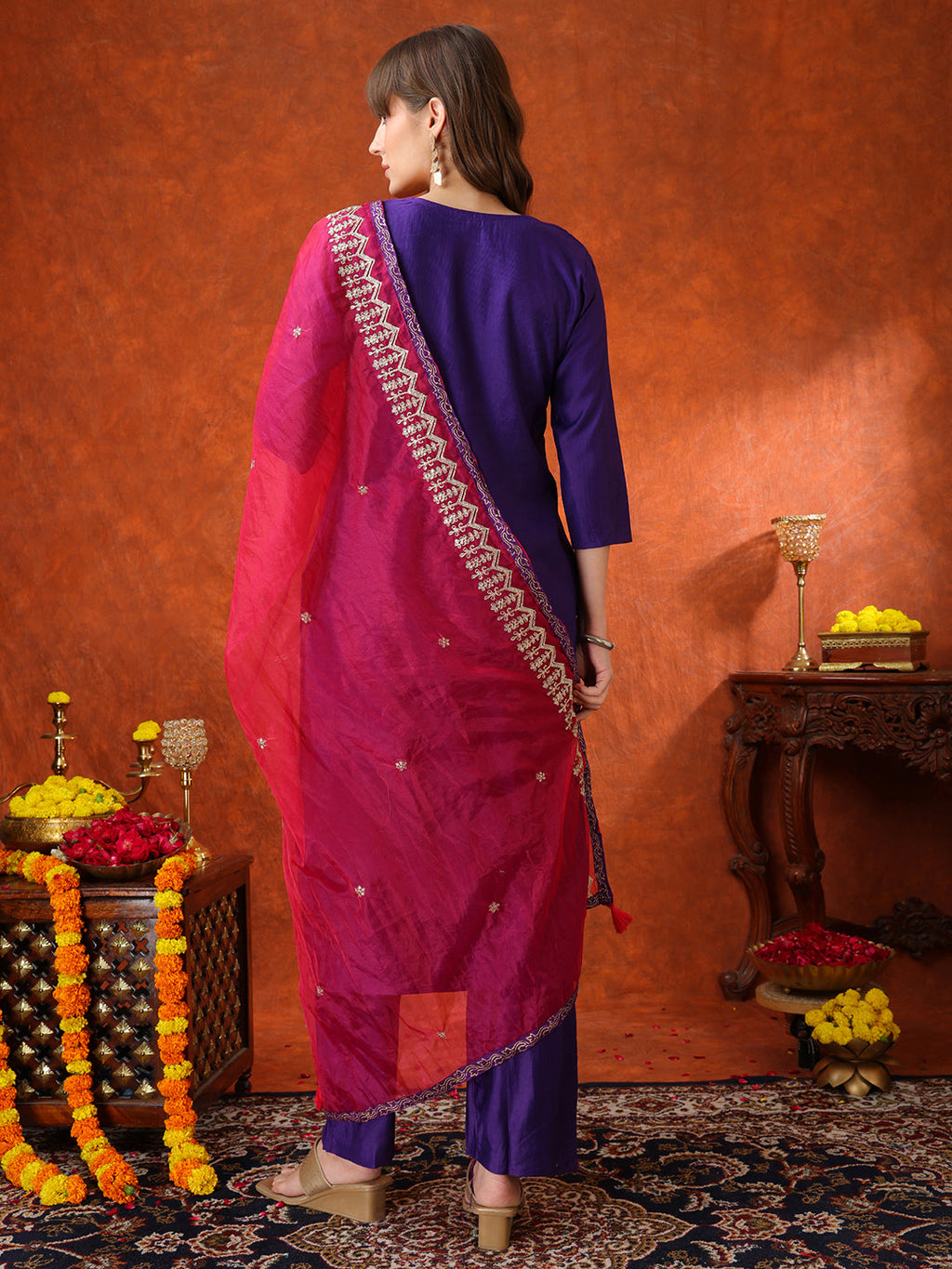 Sequin & Thread Embroidered Kurta With Pant & Embroidered Dupatta, Purple - Hiral Fashion - Distacart